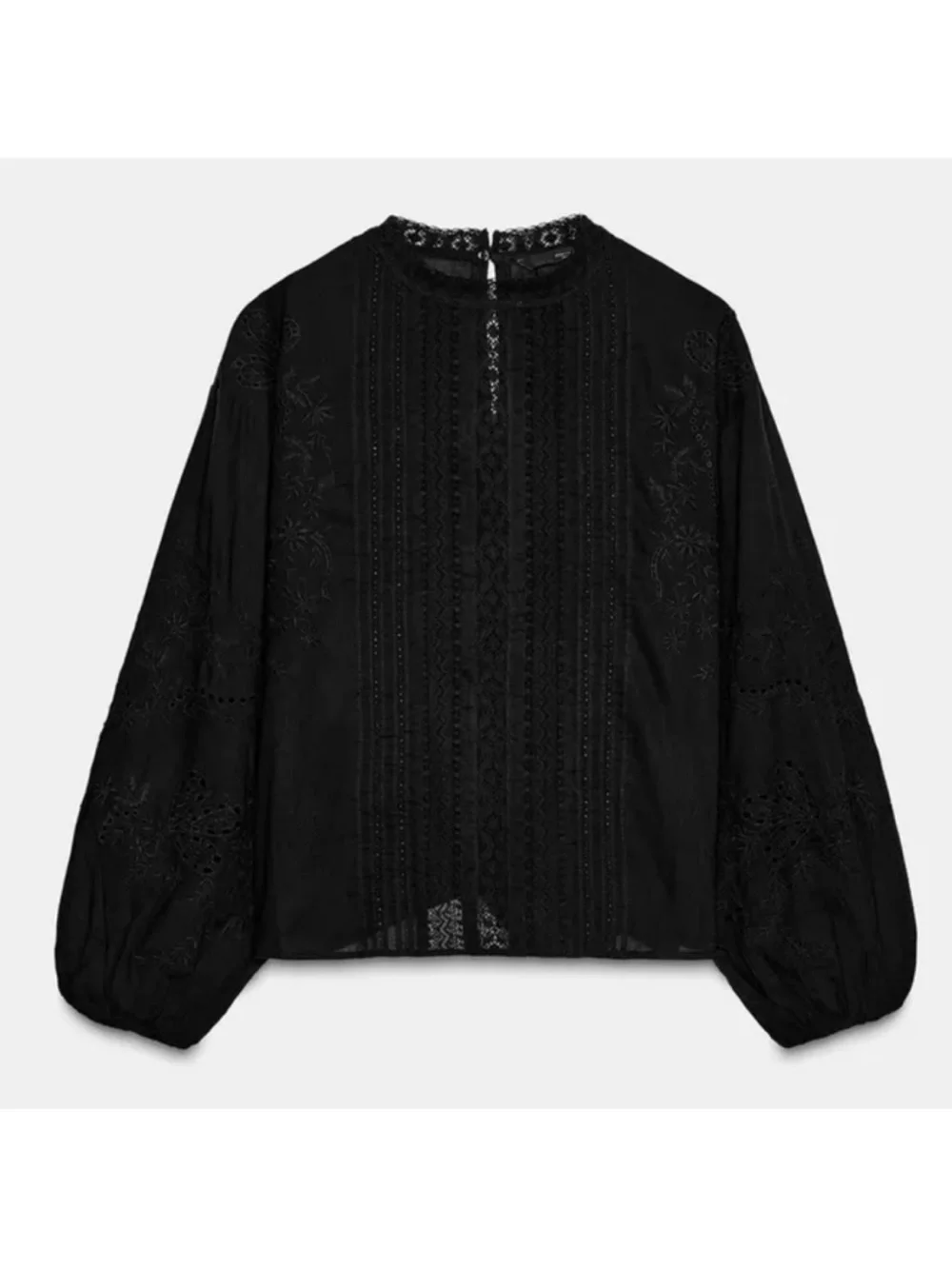 Zara Black Lace-Trim Long-Sleeve Blouse Top Sz:M Black